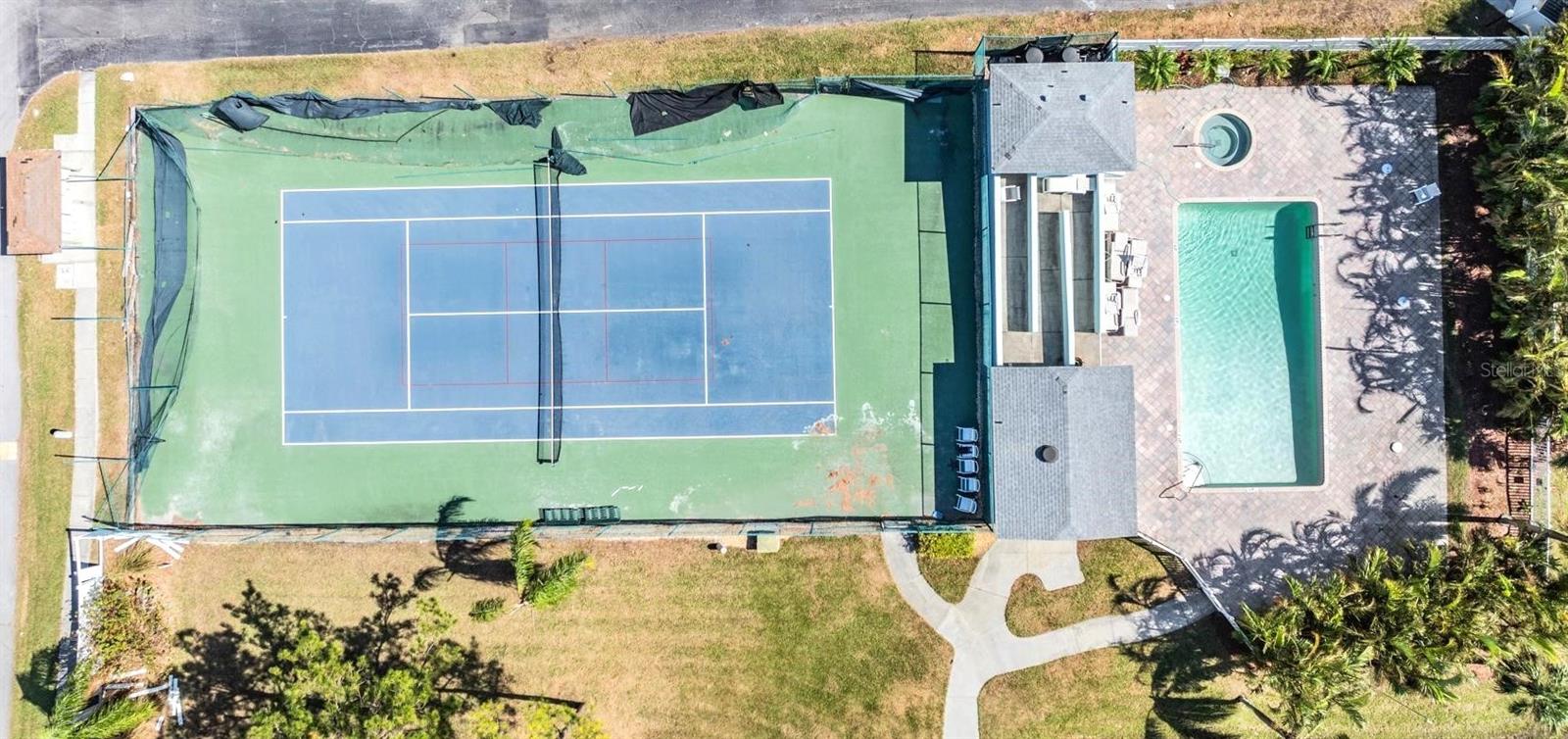 Community pool, tennis and pickleball court.