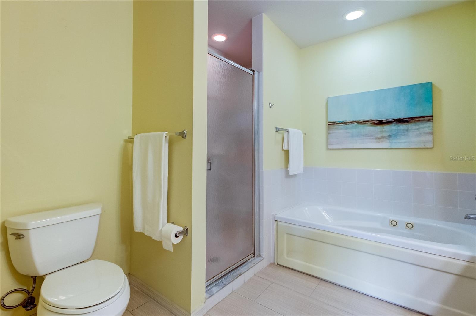 Another view of primary bathroom with jacuzzi tub and shower.