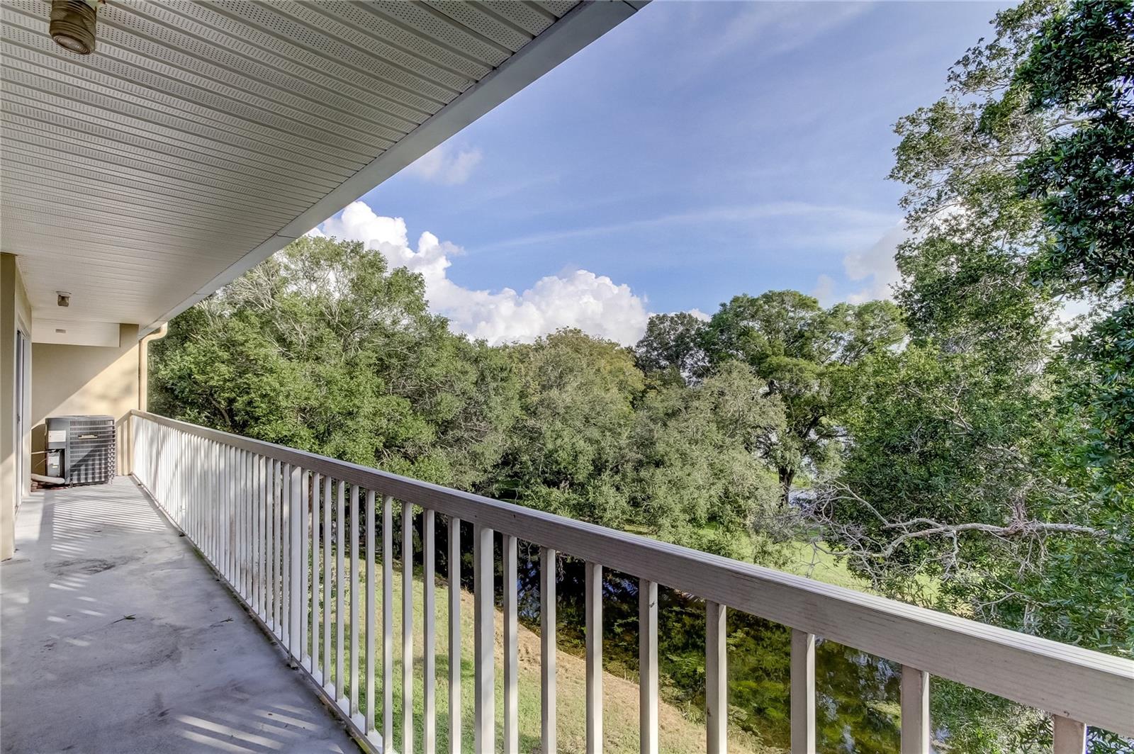 Another view of balcony and mature trees and foliage.