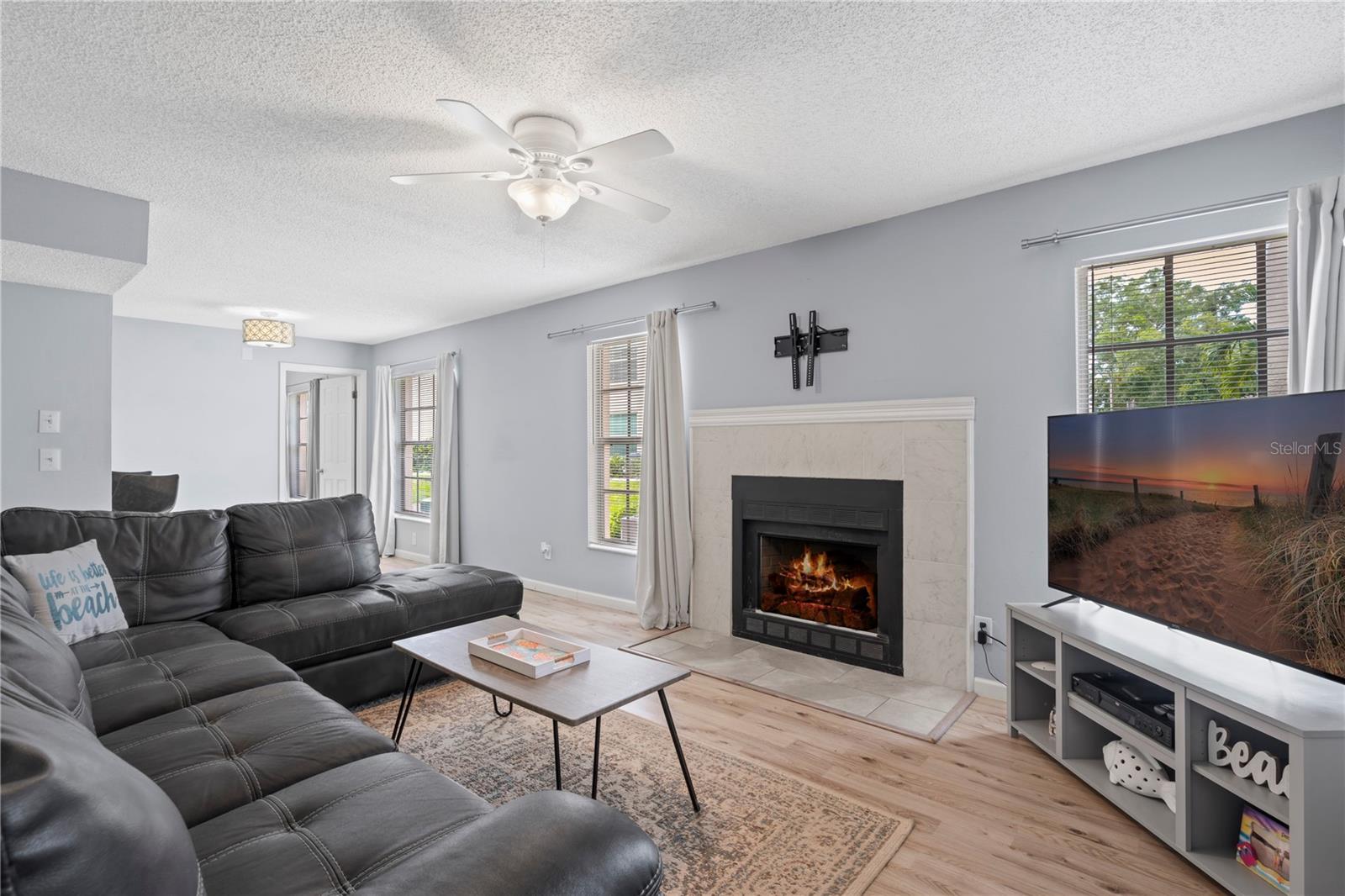 Living Room with Wood burning Fireplace