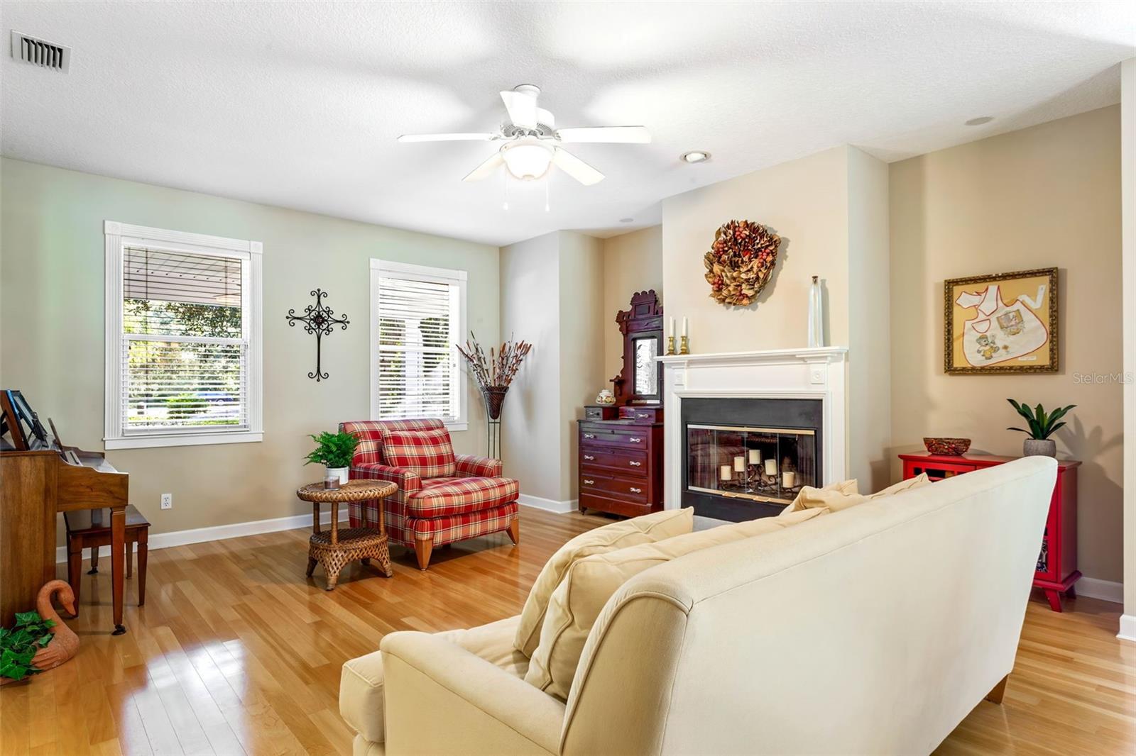 Formal living room with wood burning fireplace