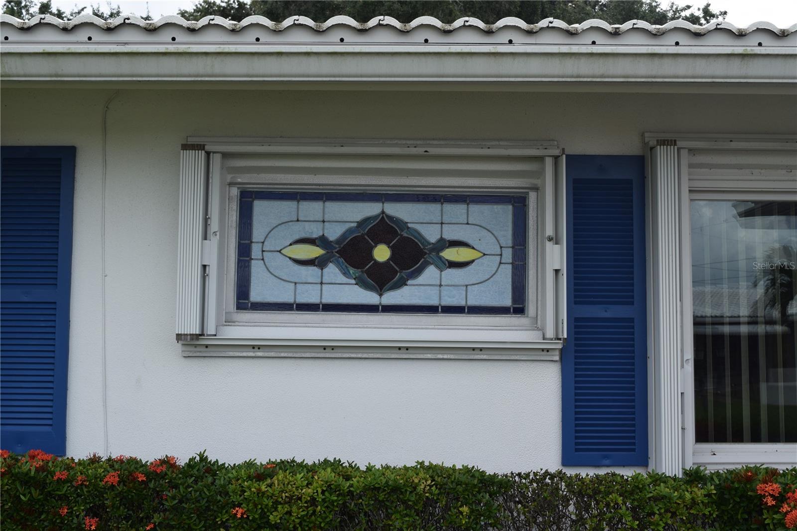 Decorative glass in guest bath- view from outside