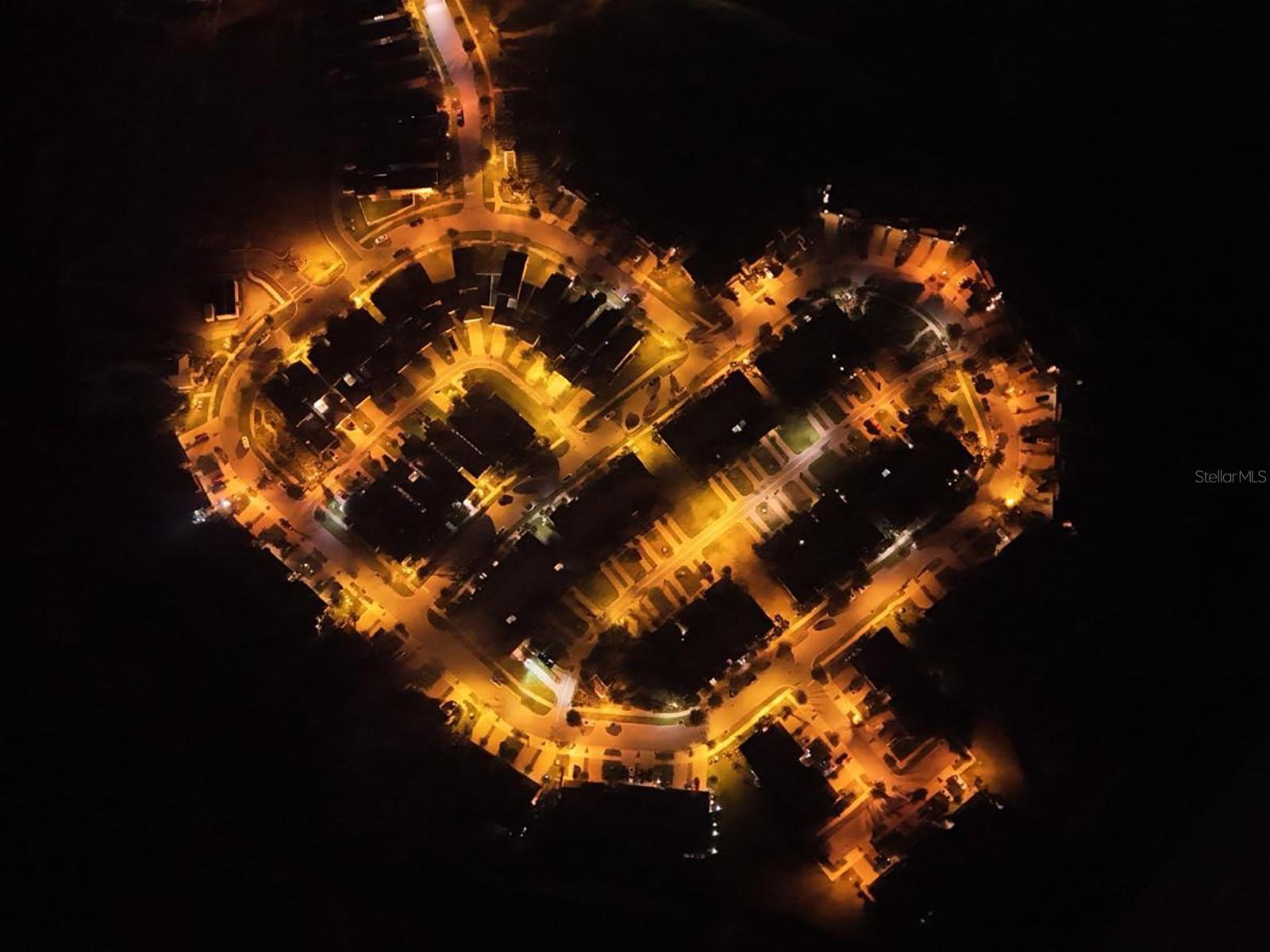 Aerial view of community at night