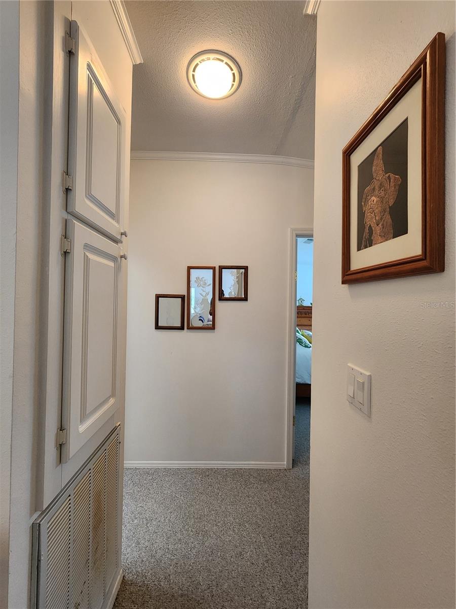 Hallway to guest bedroom and bathroom with linen cabinet.