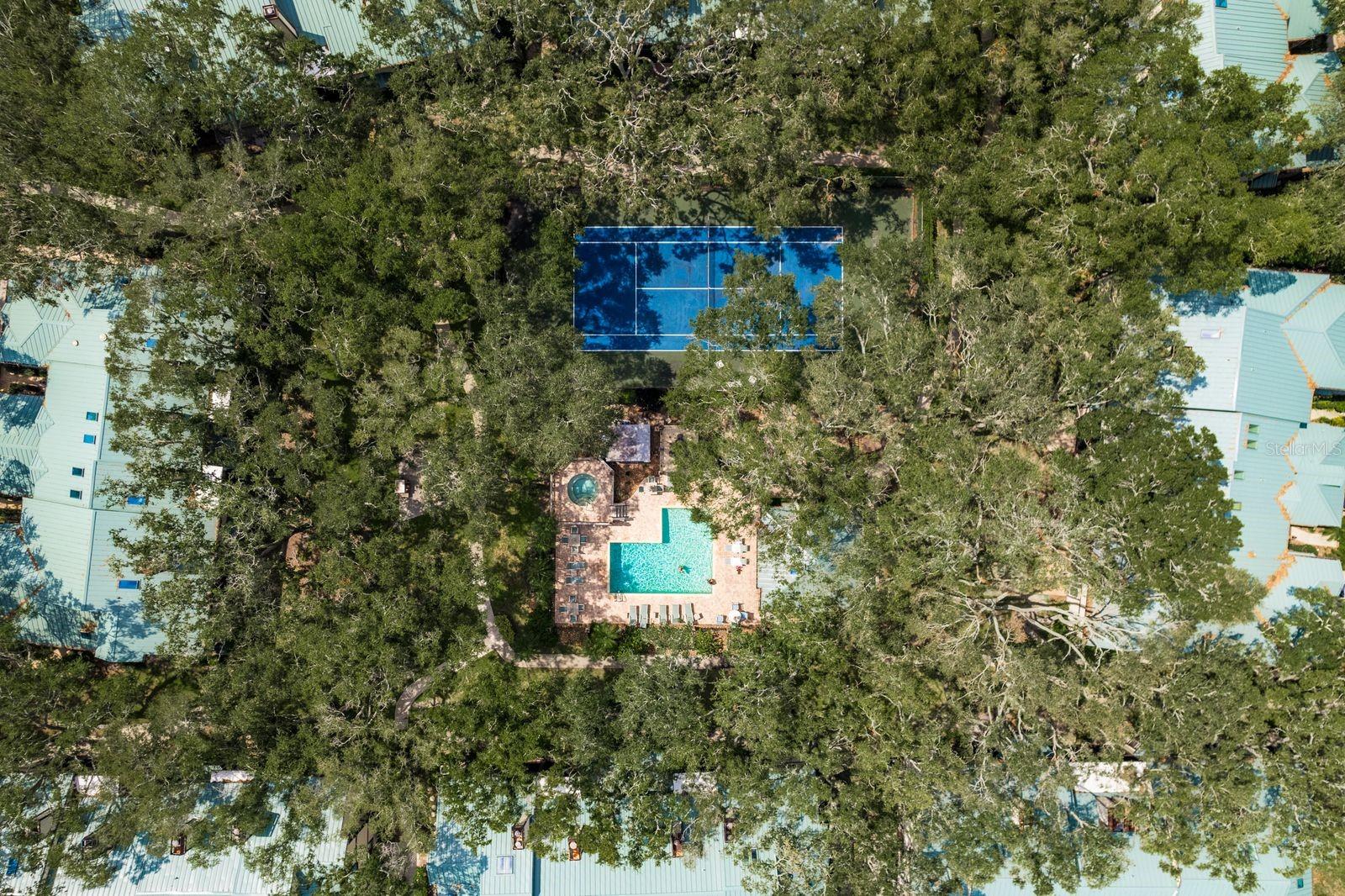 Ariel View of the pool and tennis court