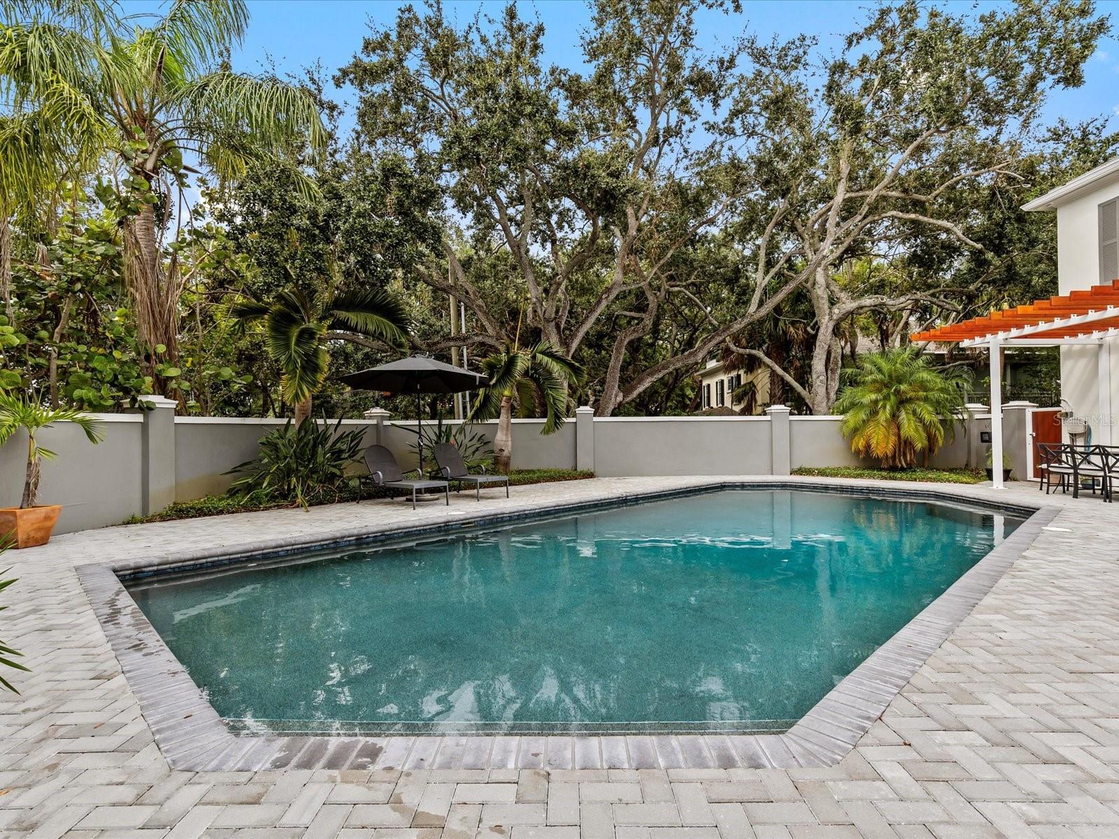 Oversized pool w/ private wall and dining area