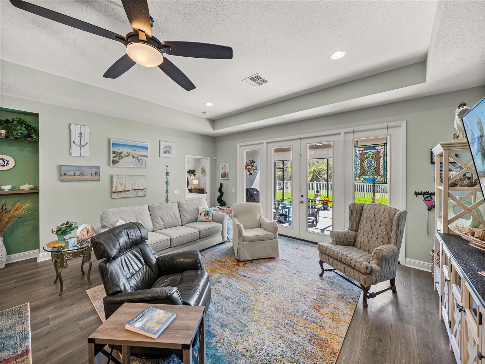 Family Room with Tray Ceiling