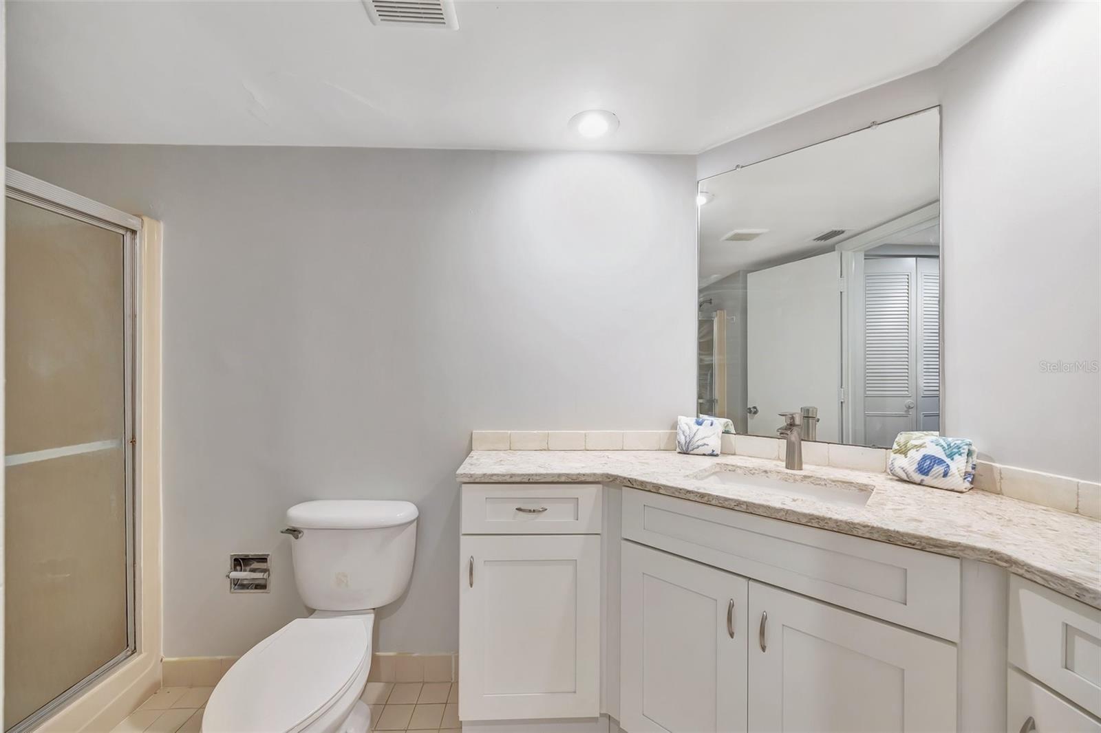 Primary Ensuite Has a walk in shower and large vanity with lots of storage.