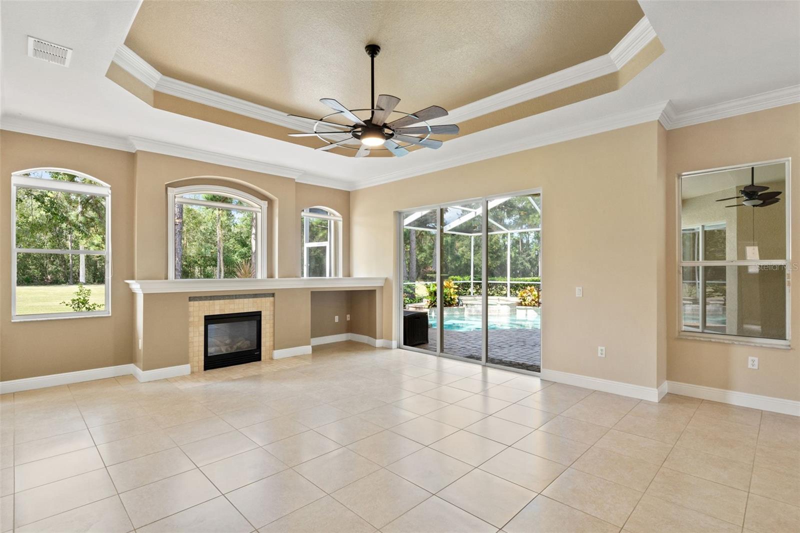 family room with gas fireplace