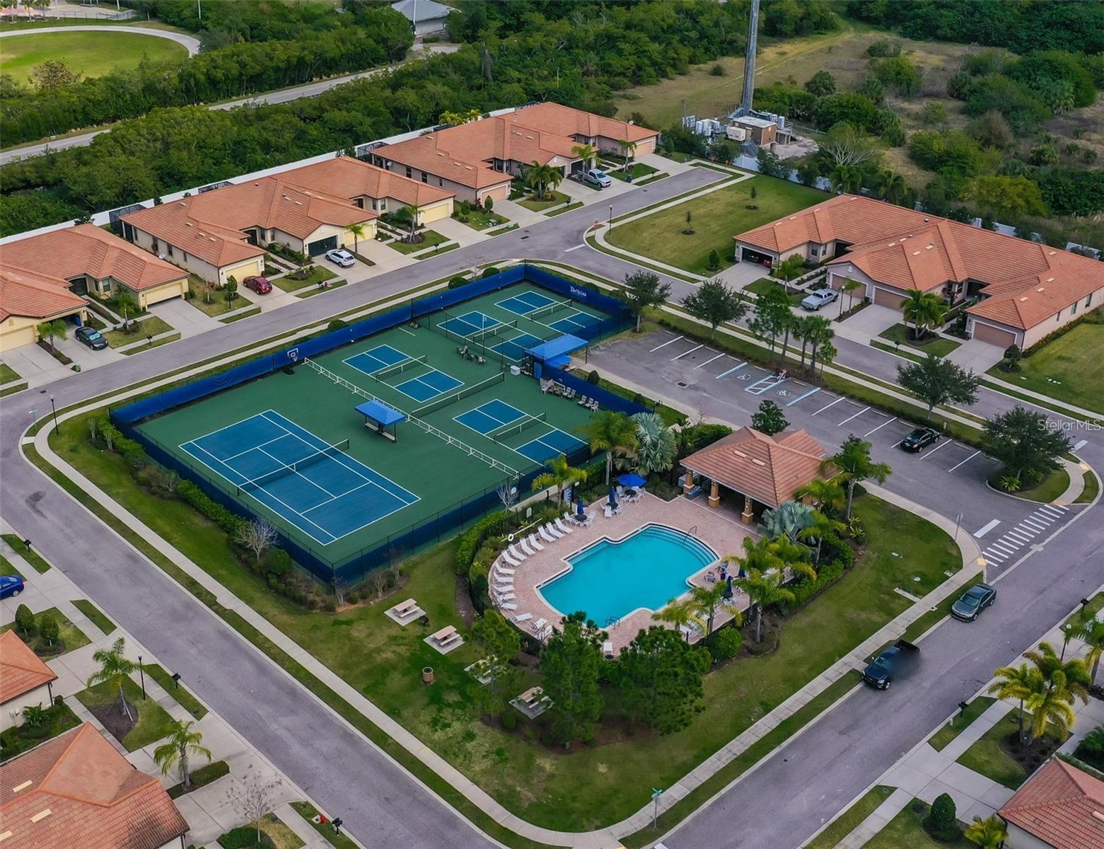 Aerial view courts and pool