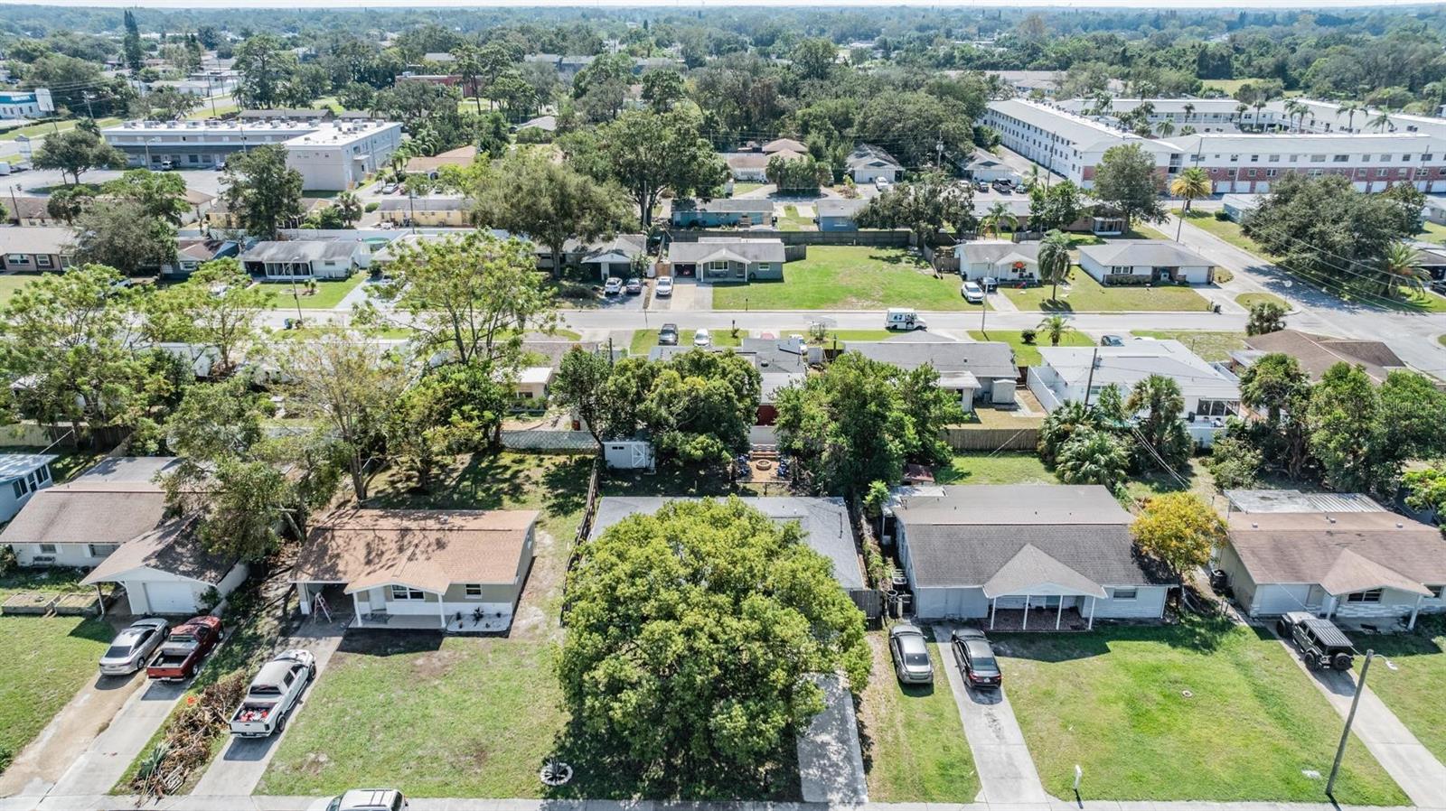 Aerial view of the house and the surrounding neighborhood