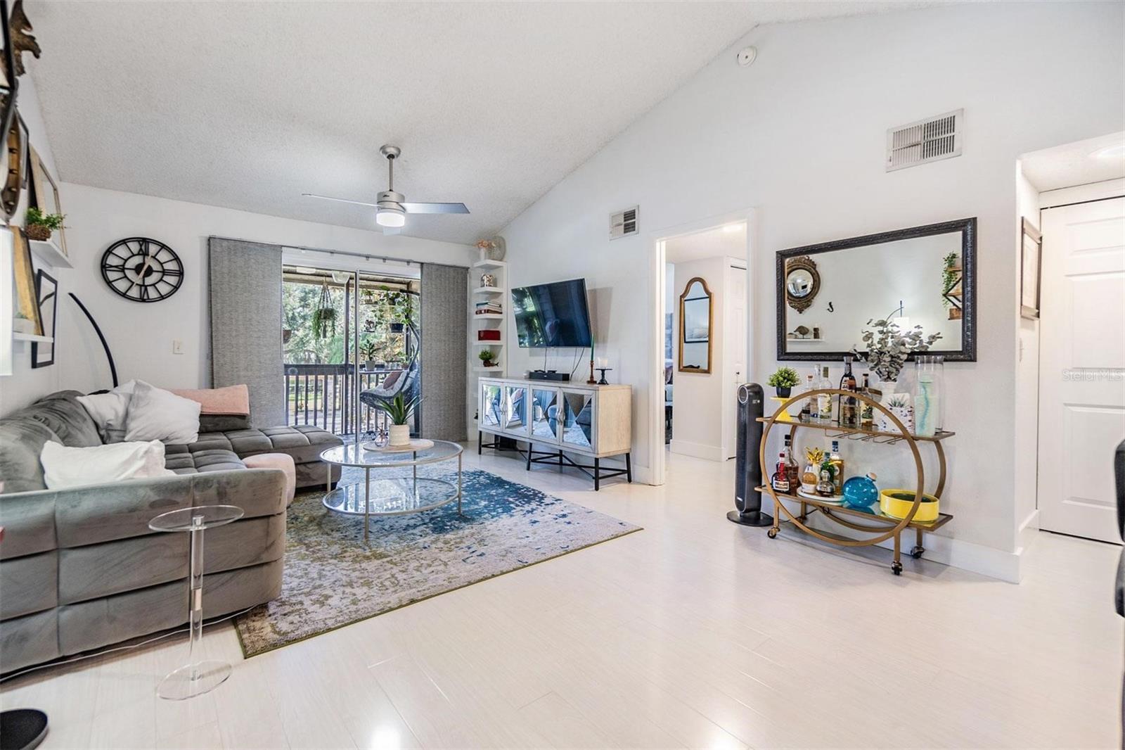 View of Living room from front door.