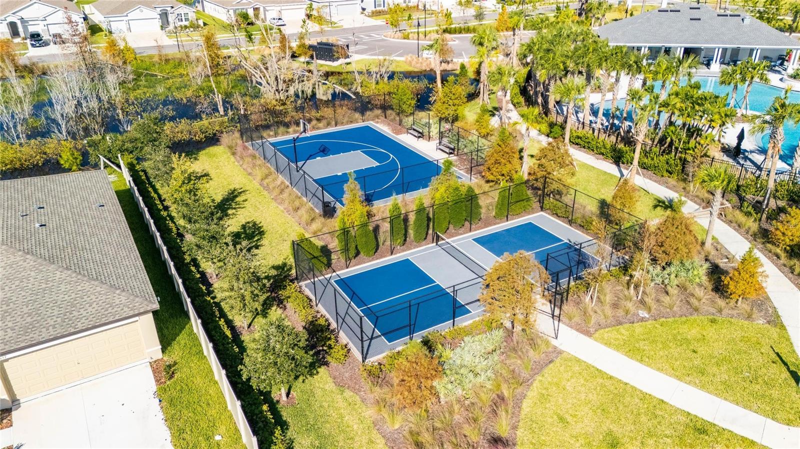 Aerial view of the tennis courts and basketball court!