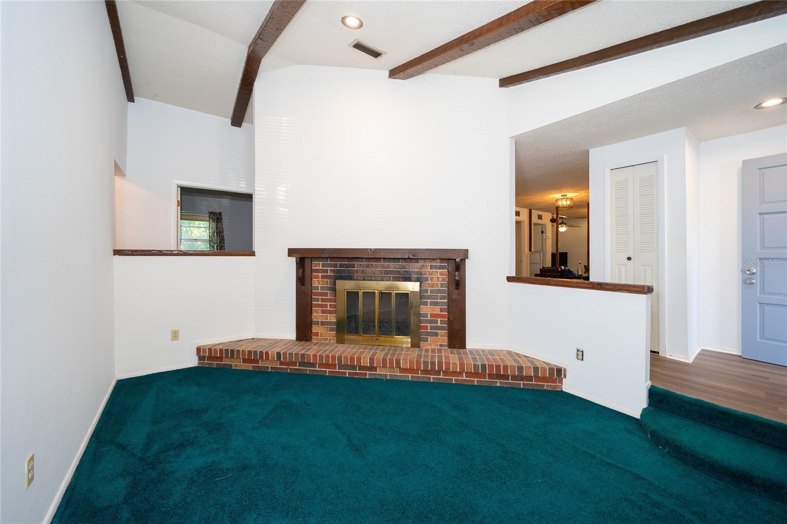 Step down from Foyer to the Living Room with Fireplace