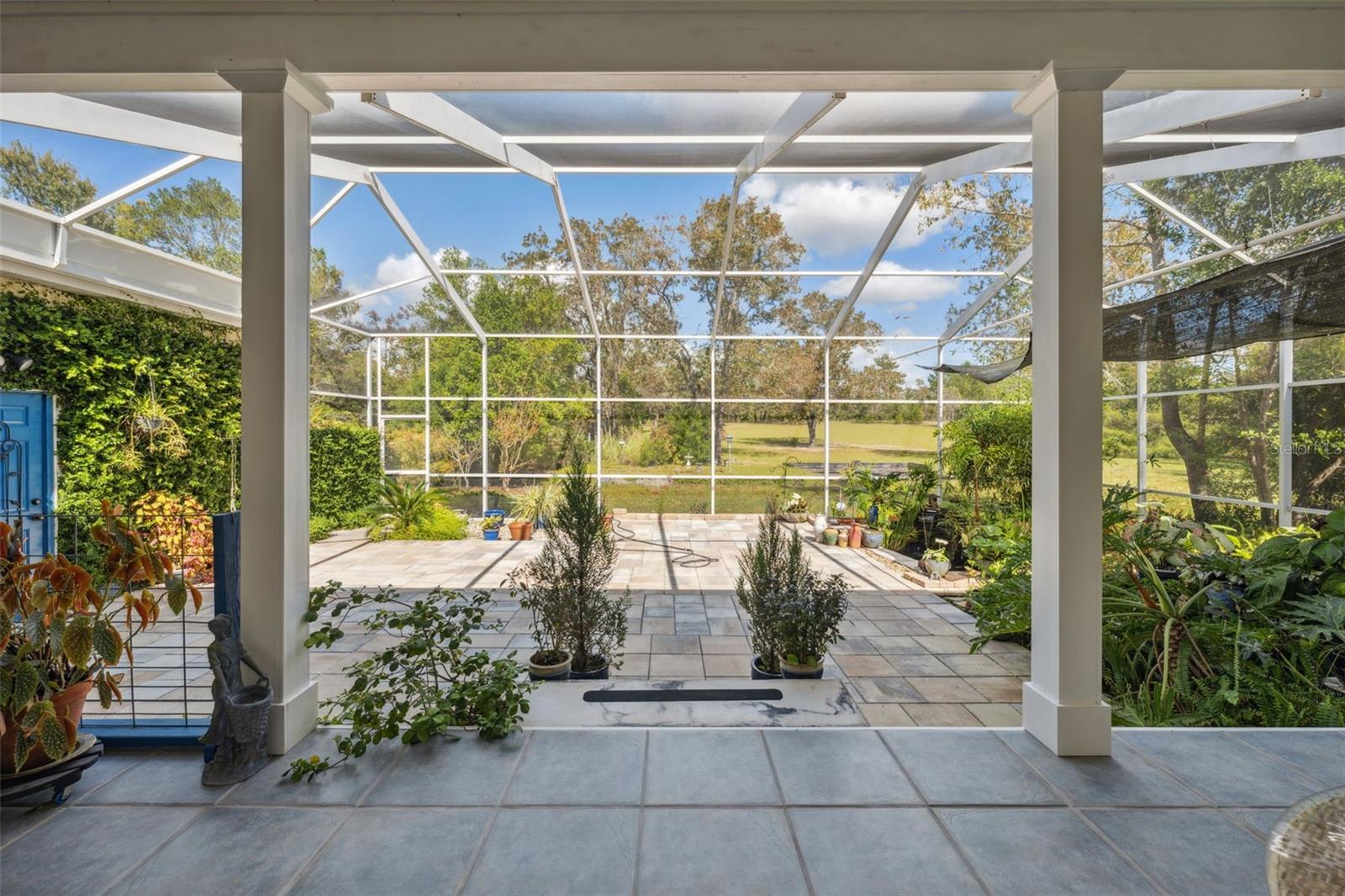 View through lanai overlooking rear yard.