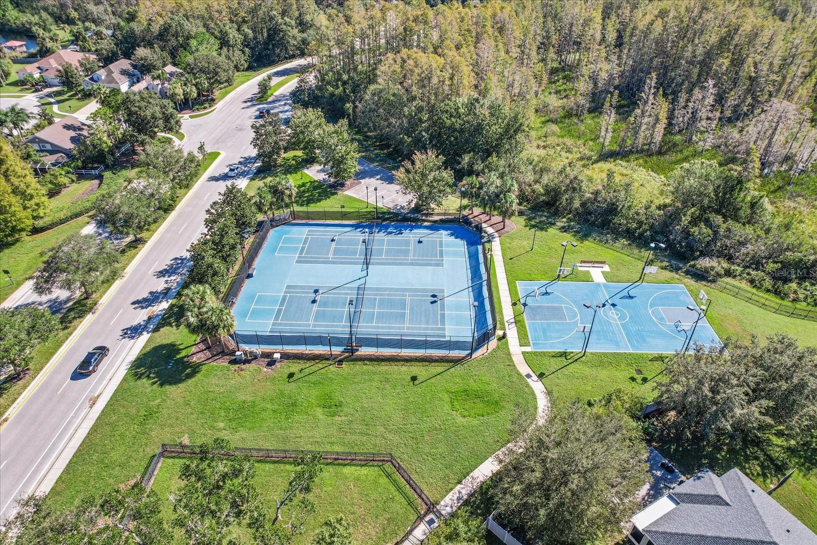 Aerial View tennis Courts, PickleBall, Basketball, Dog Park