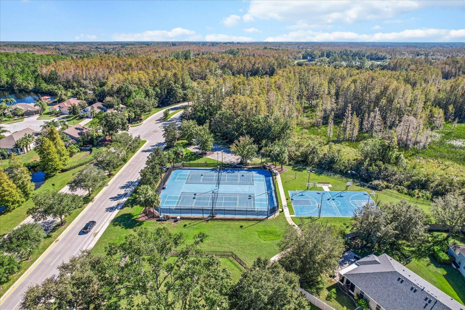 Aerial View tennis Courts, PickleBall, Basketball, Dog Park