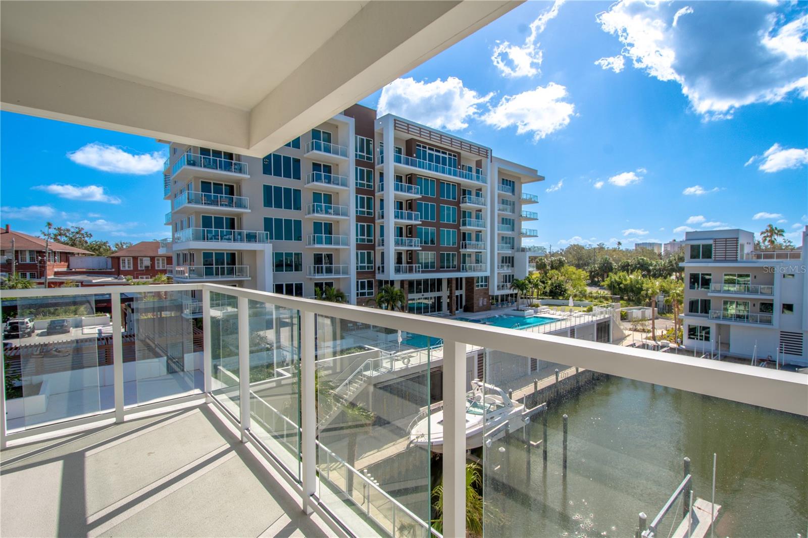 View of the pool from the balcony.