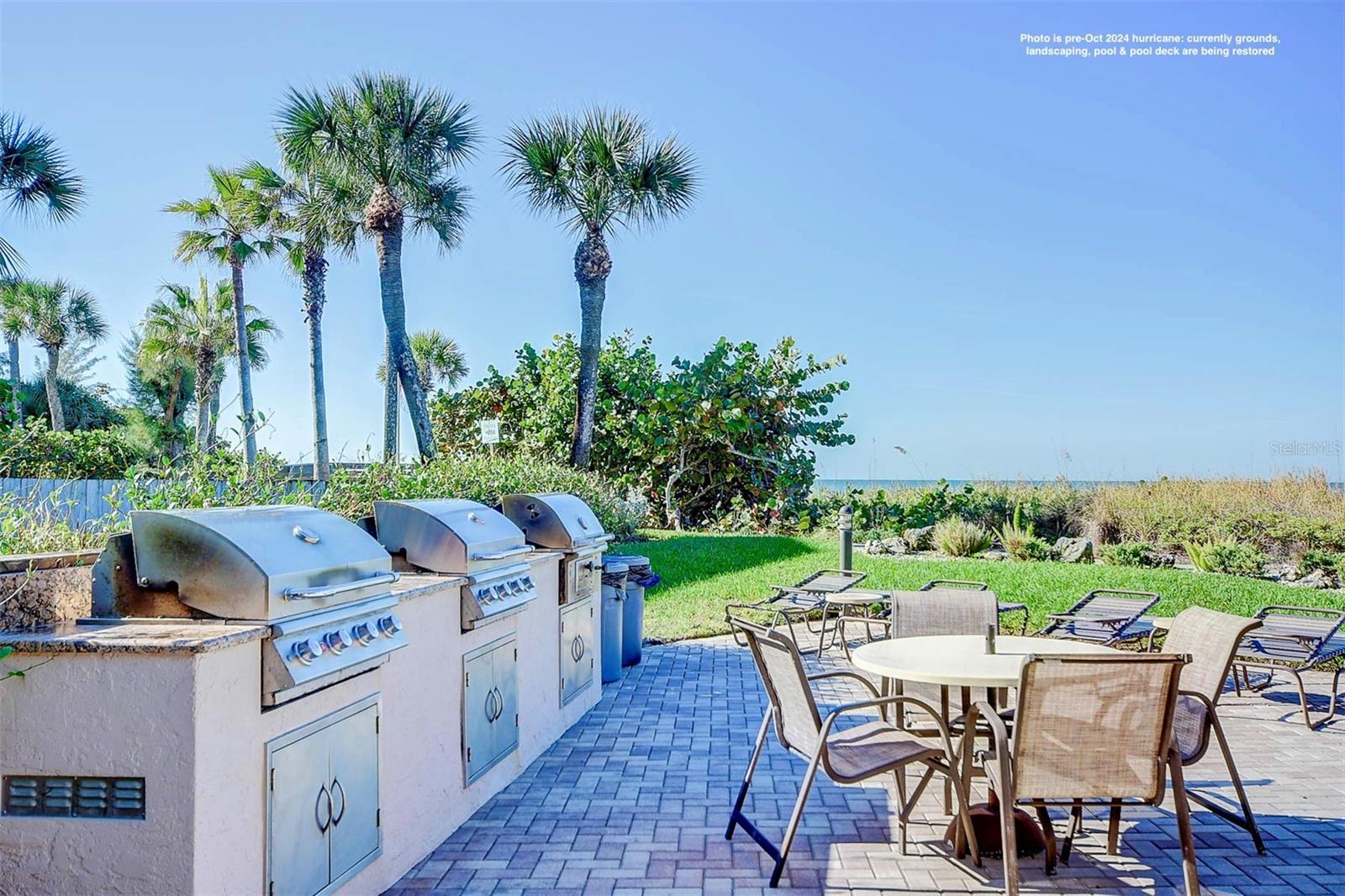 3 BBQ grills on gazebo deck Pre Oct 2024 hurricane: ...note: much of the seaoats, seagrapes and vegetation in this photo will need to be replanted.