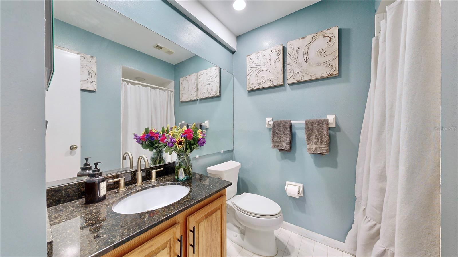 This is the full bath downstairs with a walk in shower! New granite countertop and lots of room!