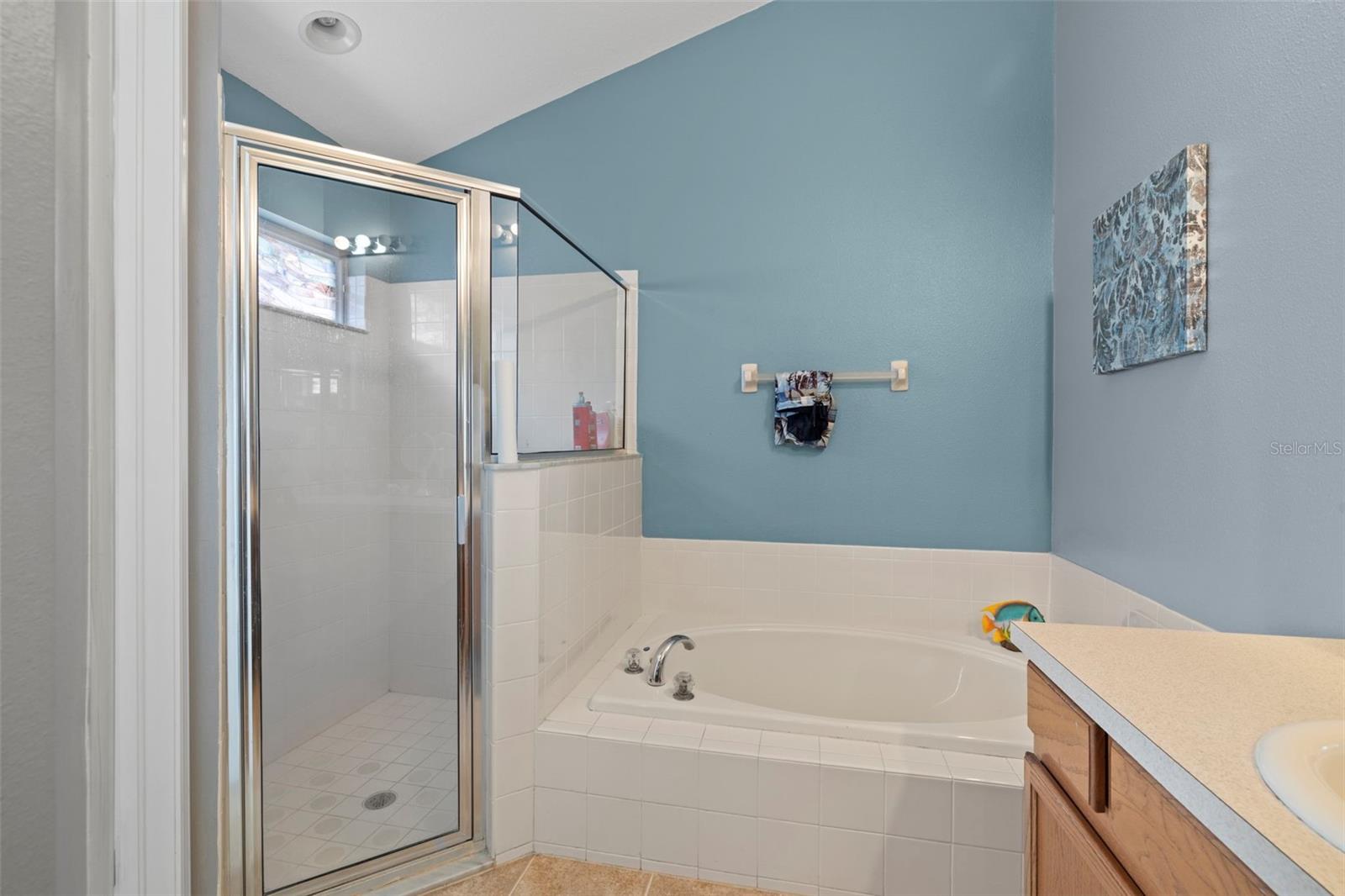 Separate shower staff and garden tub with a water closet for additional privacy.