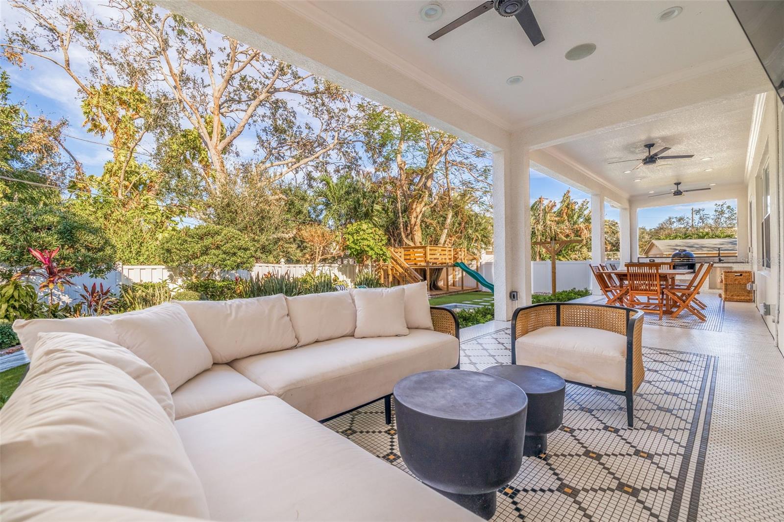 Covered outdoor lounge area.