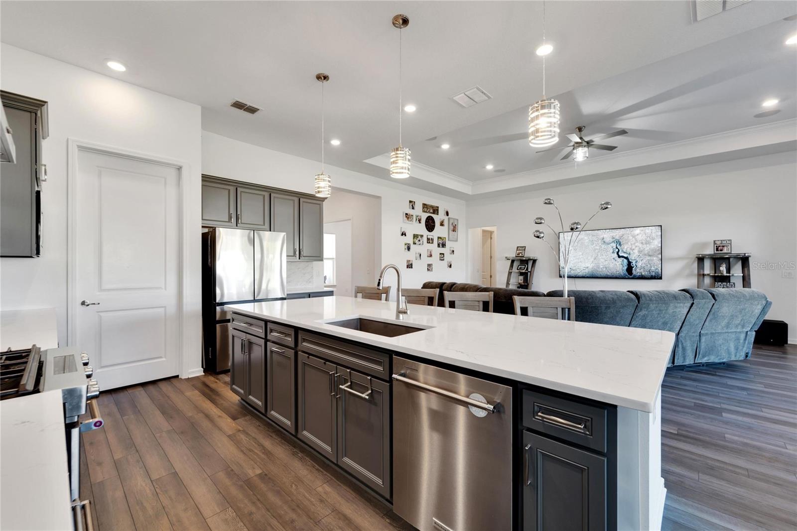 Quartz topped island open to the family room