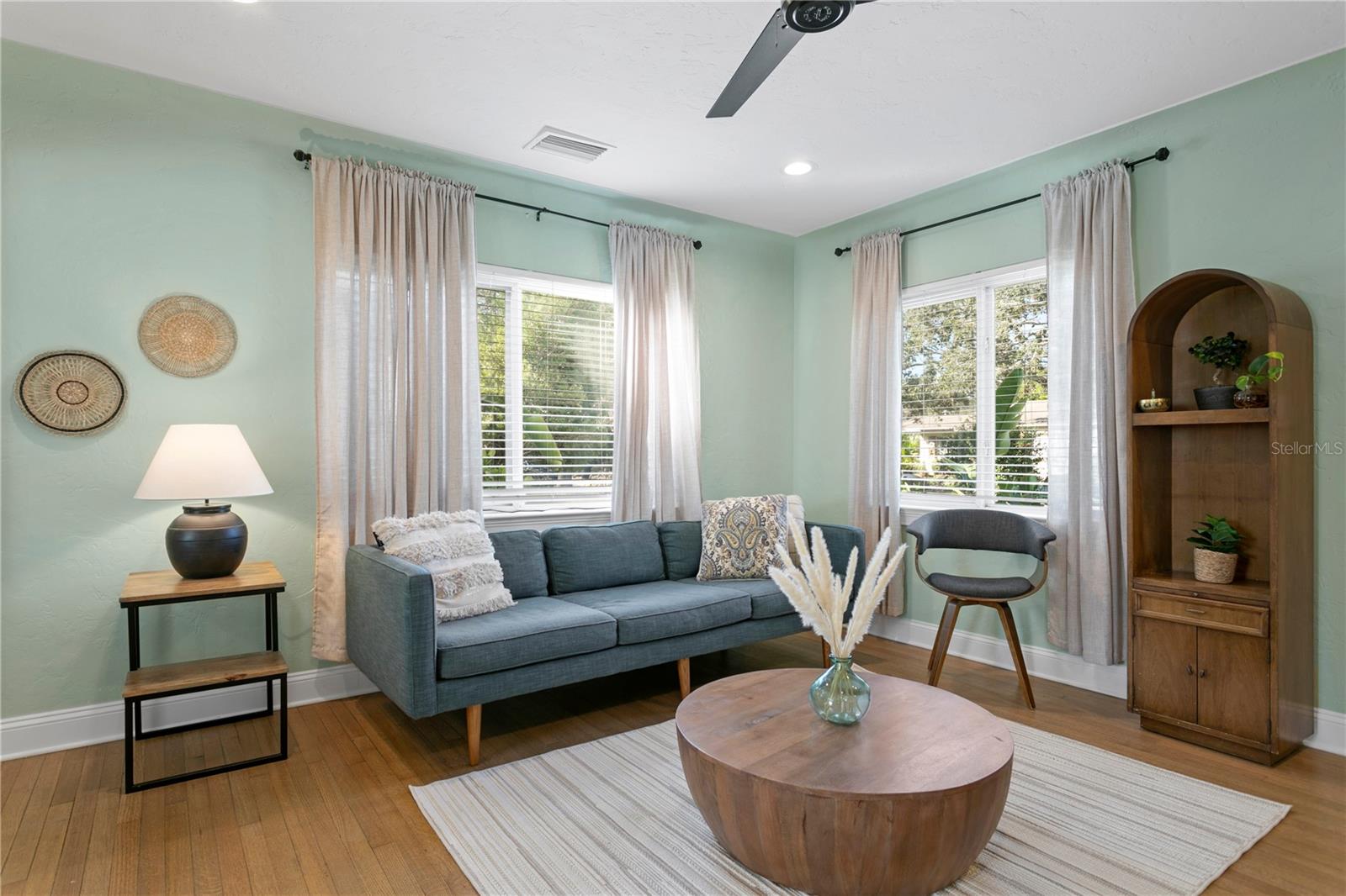 Living Room with pristine original wood floors