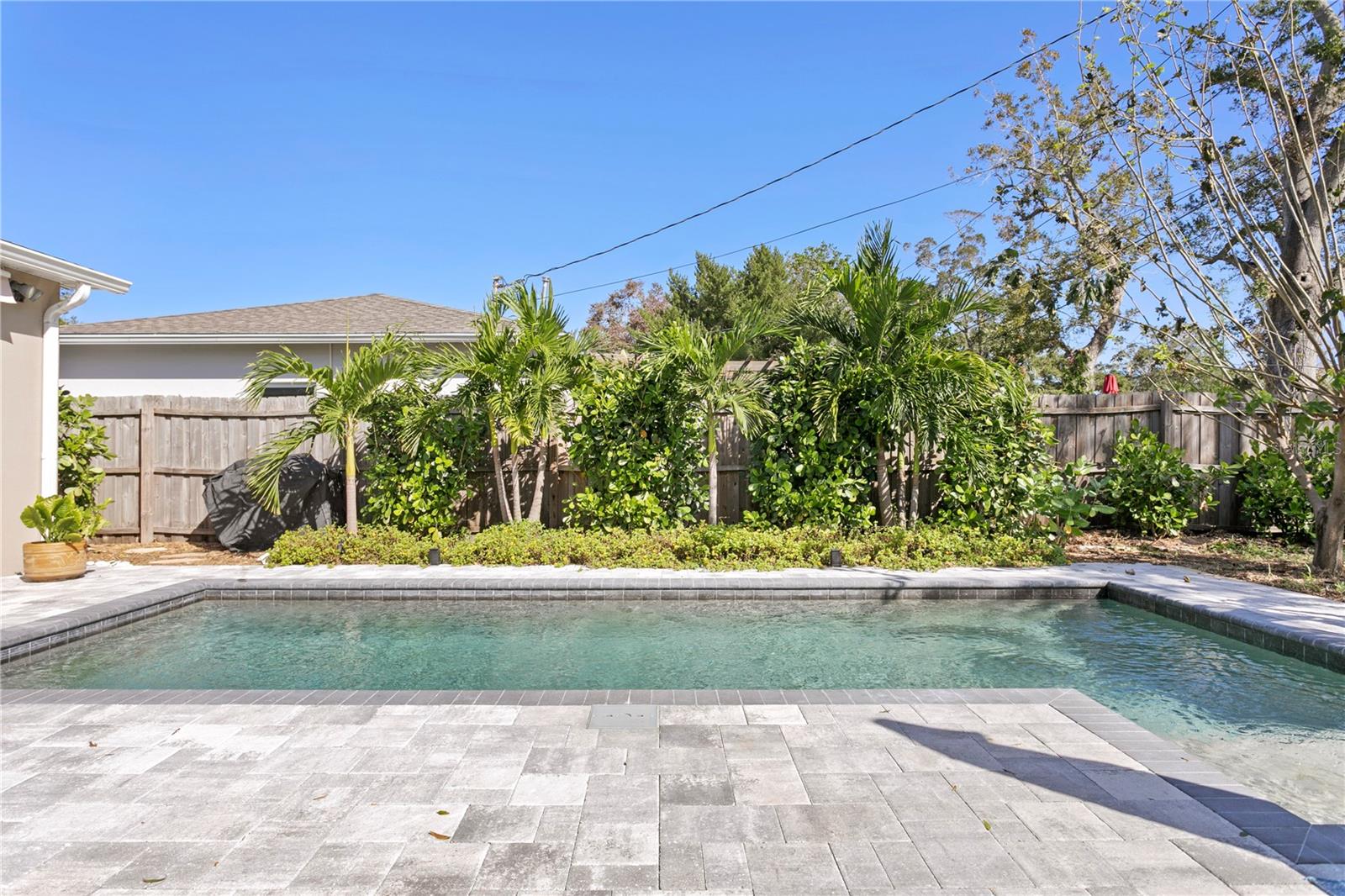 Pool area with tropical landscaping