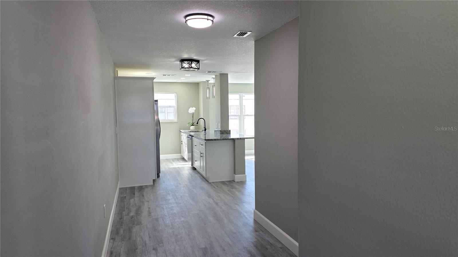 Walking through the front door-plenty of room to hang family pictures. Dining area and kitchen.