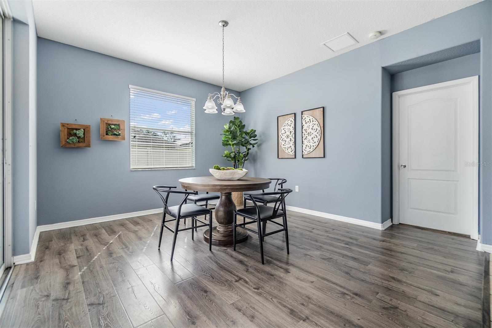 dining room with primary bedroom view