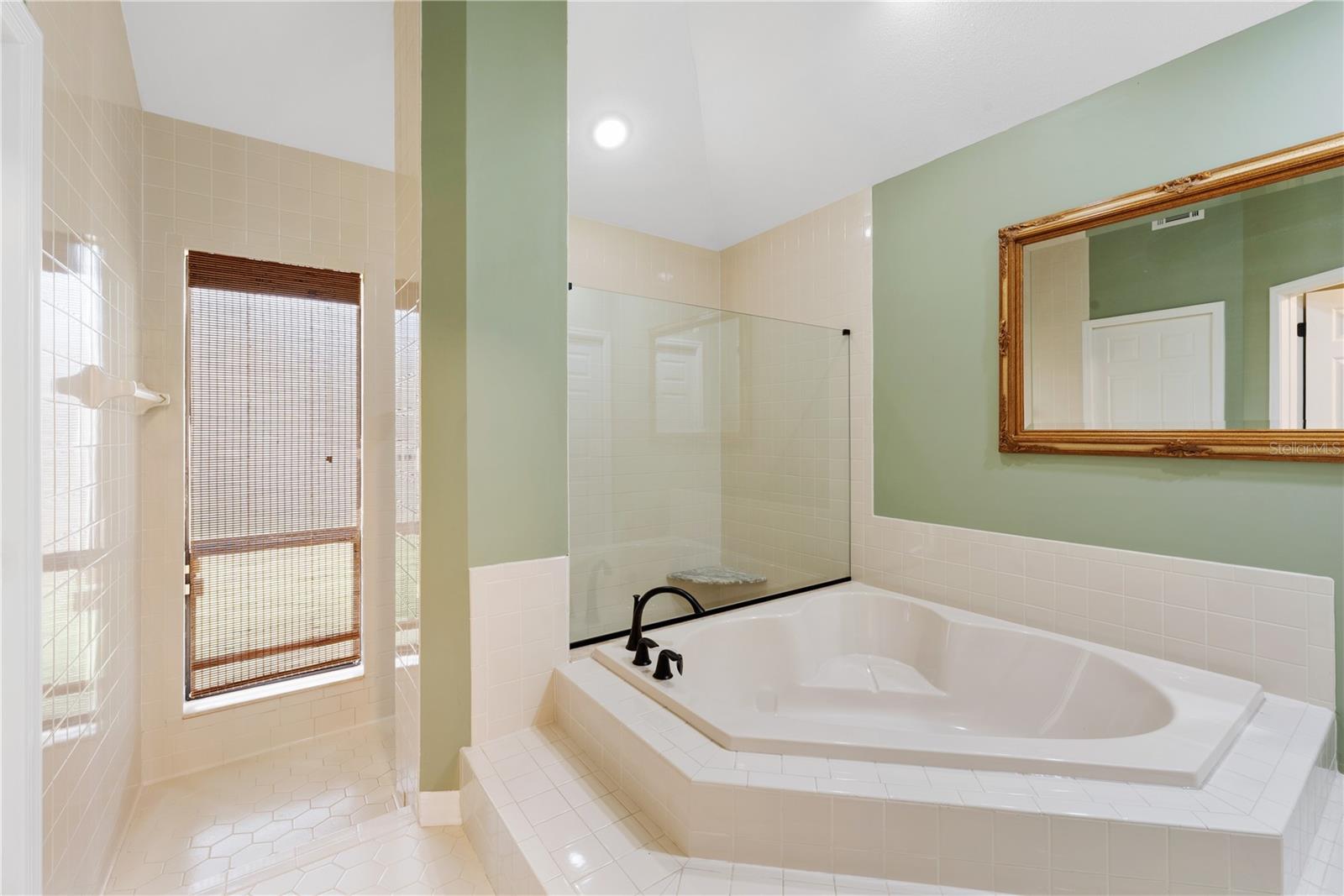 The Primary bathroom has a doorless sunken shower and separate soaking tub.