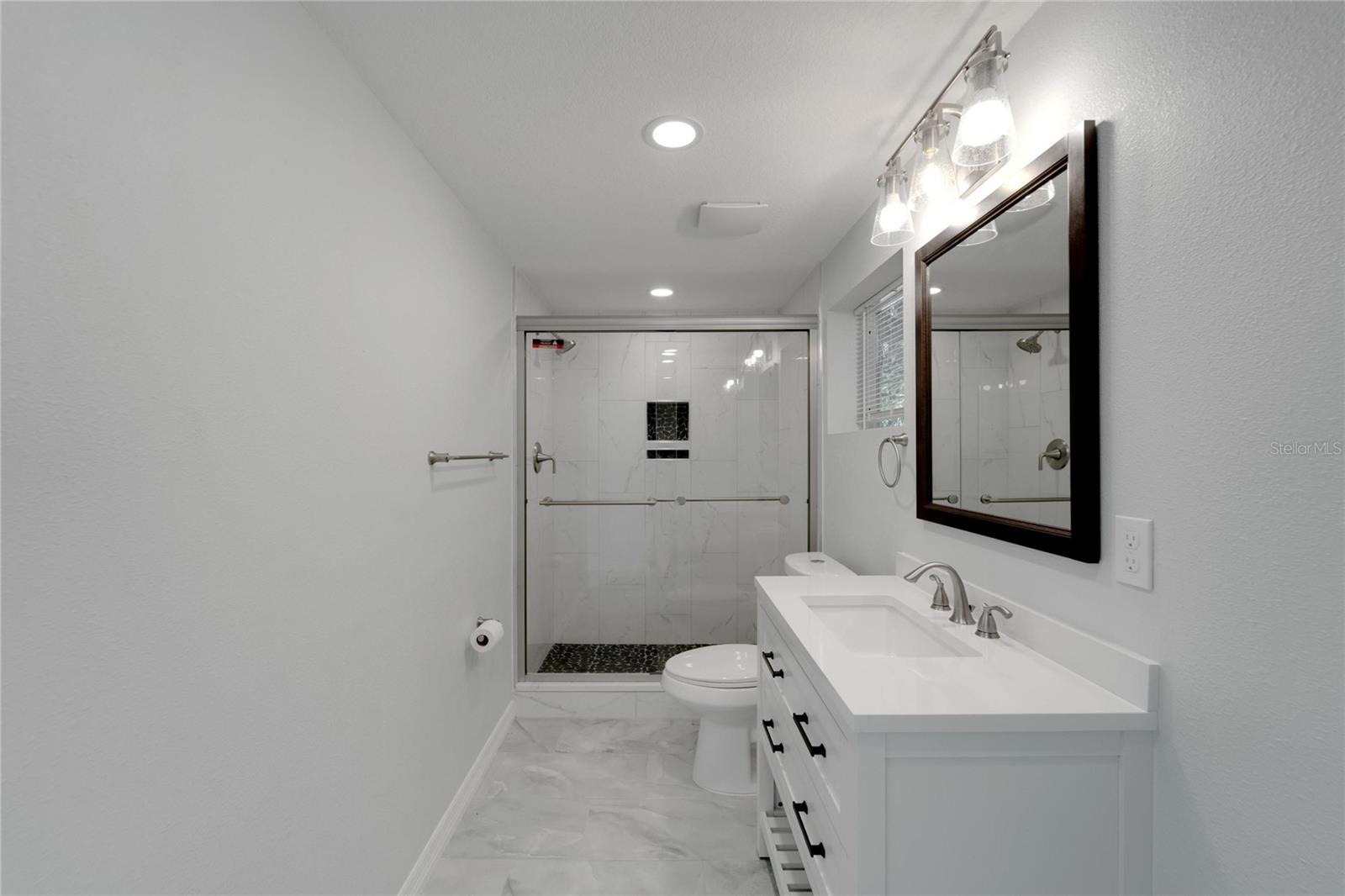 Master bathroom with new shower and vanity.