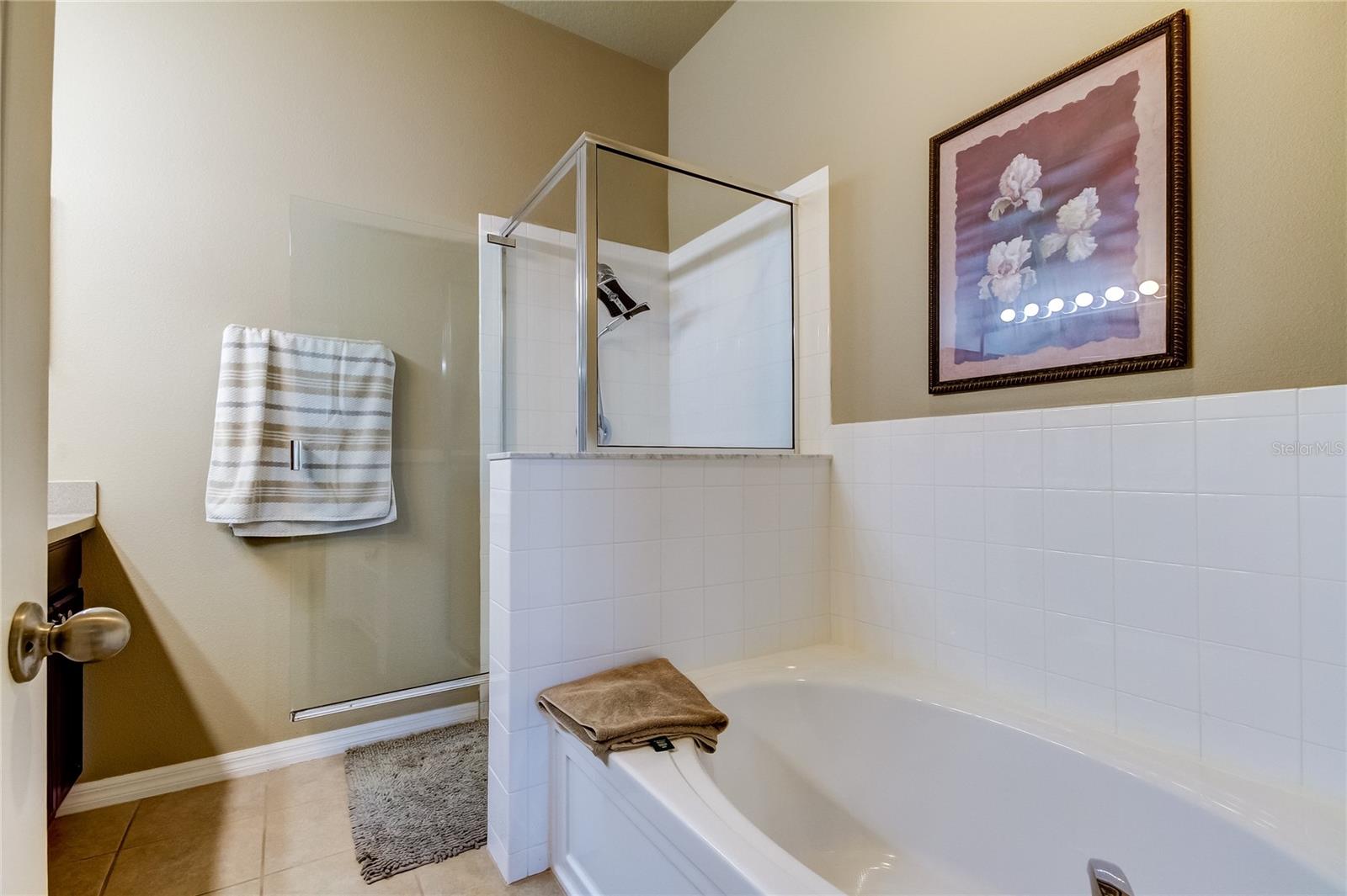 View of primary bathroom with shower and tub.