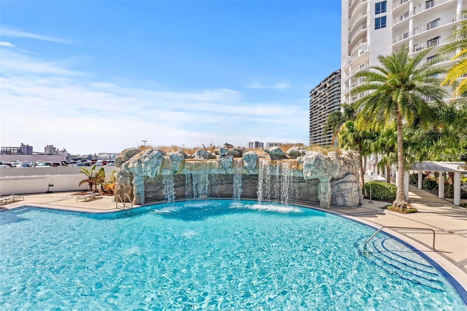 Year round heated pool with waterfalls