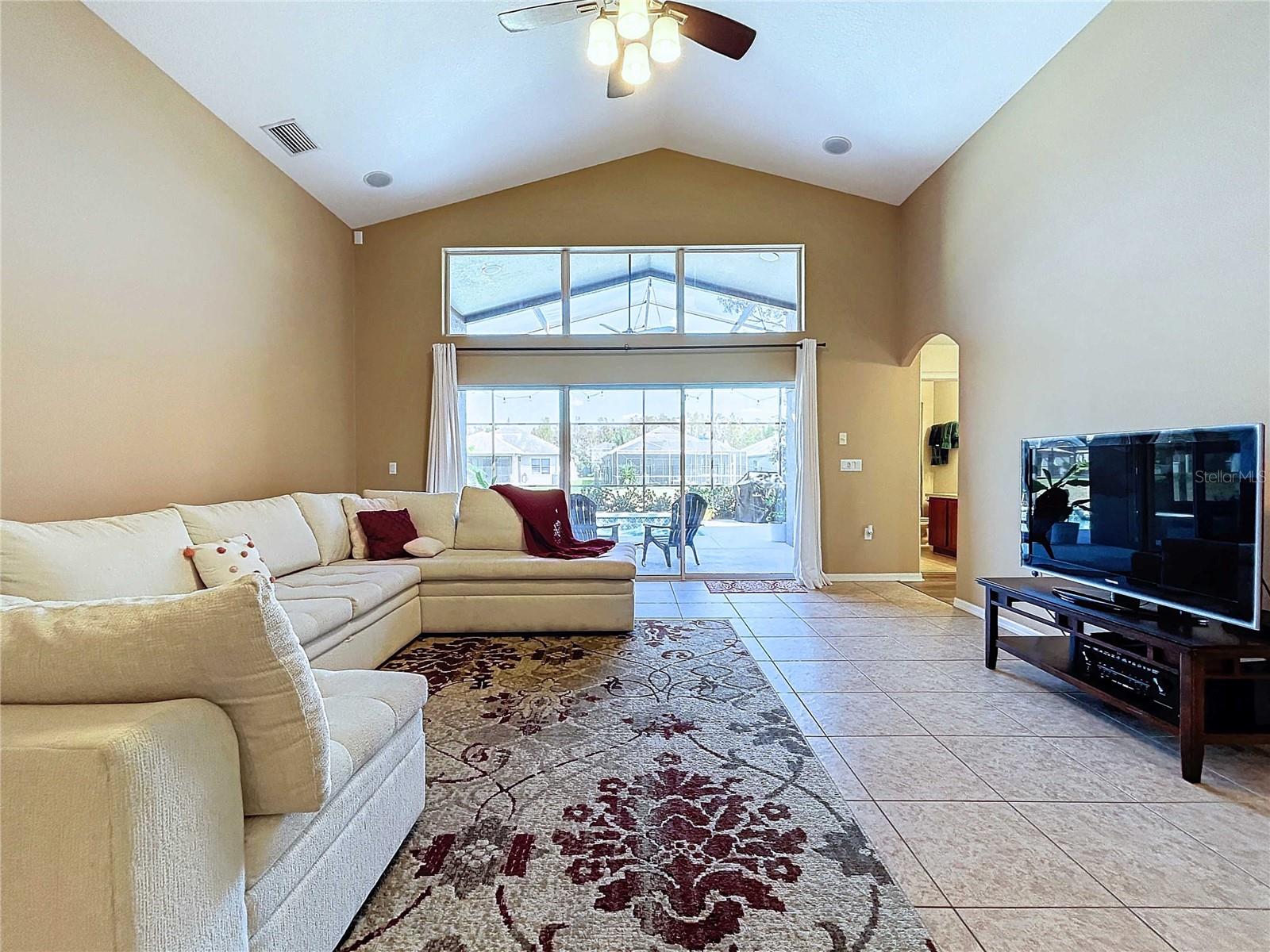 Great room with ceramic tile & high ceilings