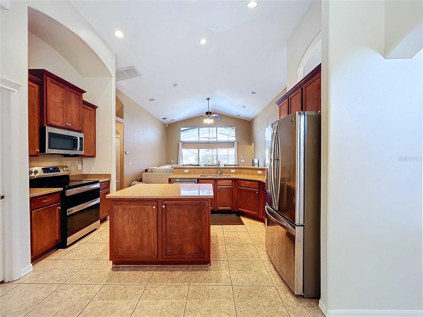 Kitchen with ceramic tile looking towards great room