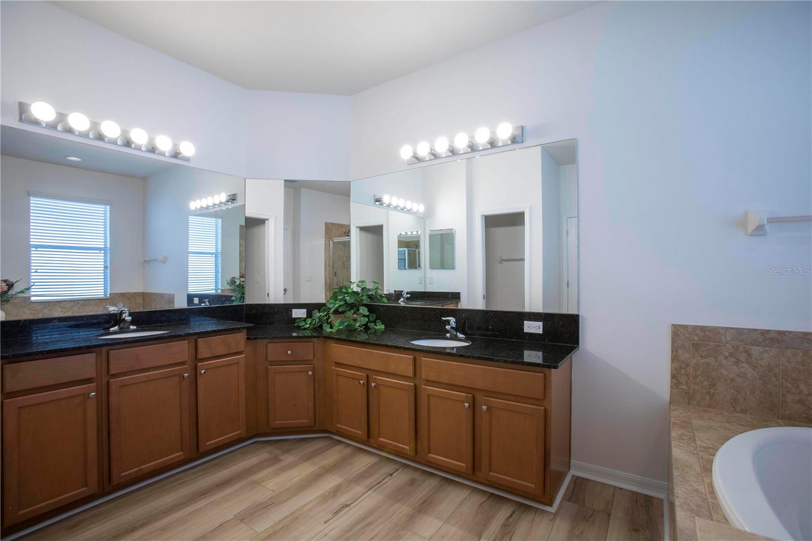 Granite countertops. Wood cabinets