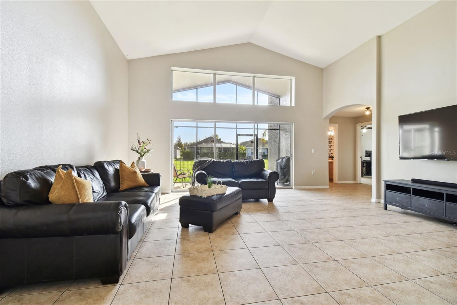 Family Room with high ceilings