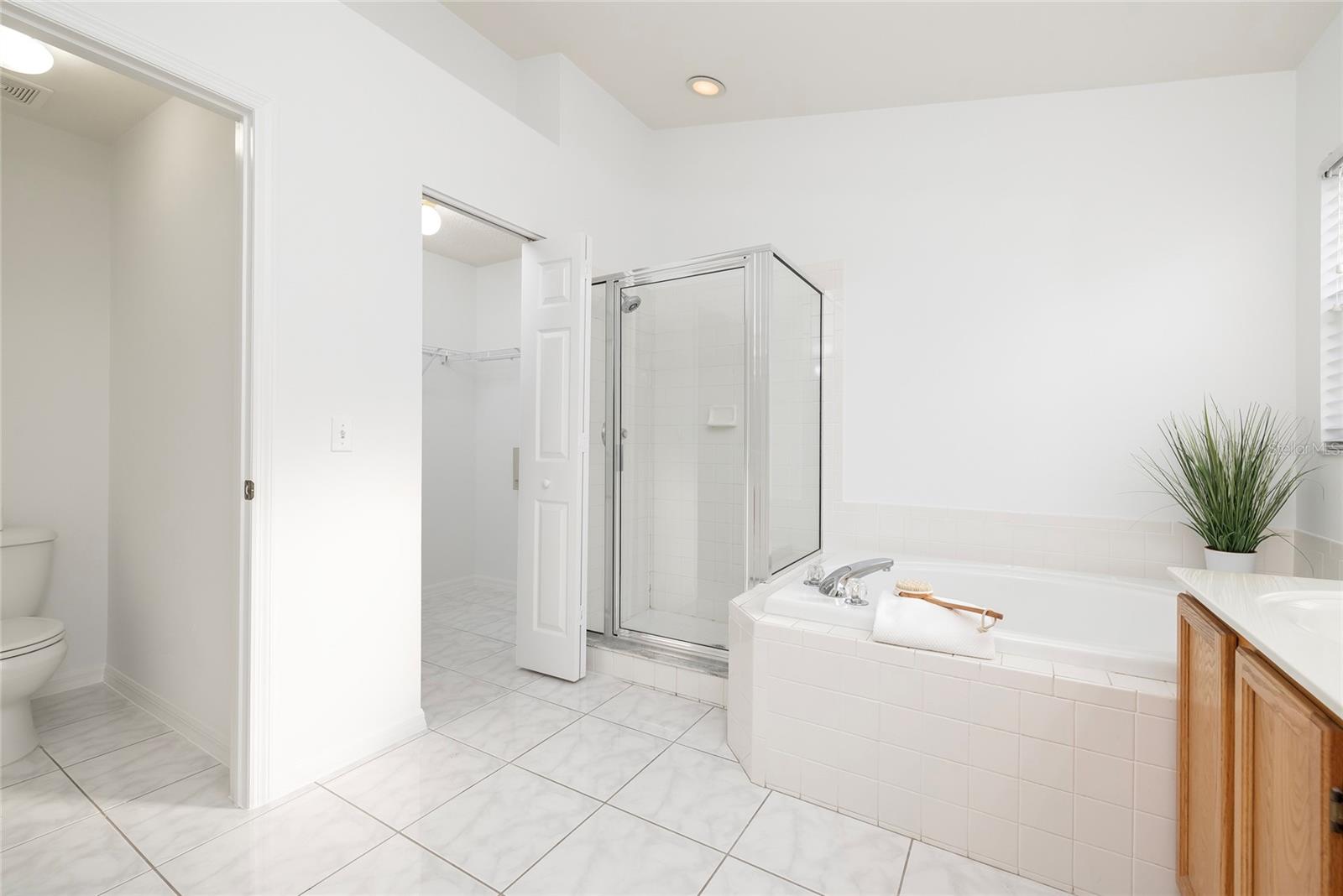 Primary bathroom with soaking tub and walk in shower