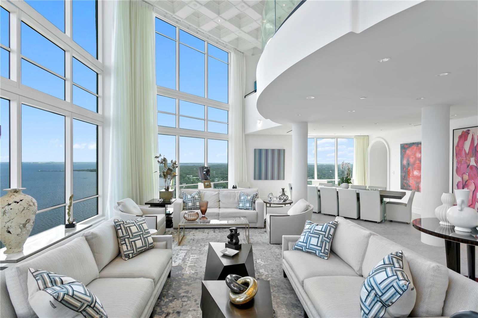 Living room, dining room with the mezzanine all seamlessly connected