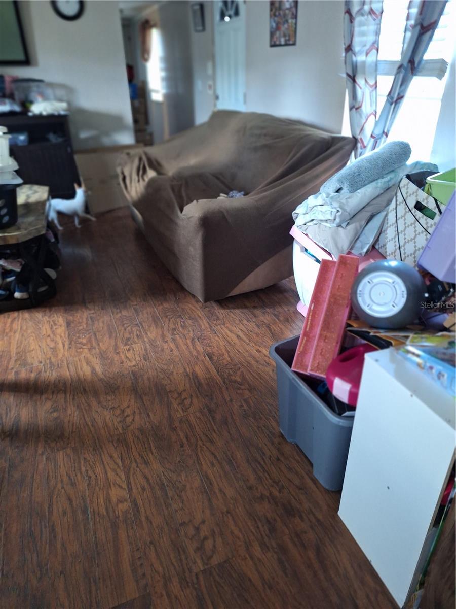 LIVING ROOM HAS VAULTED CEILINGS AND LAMINATE FLOOR