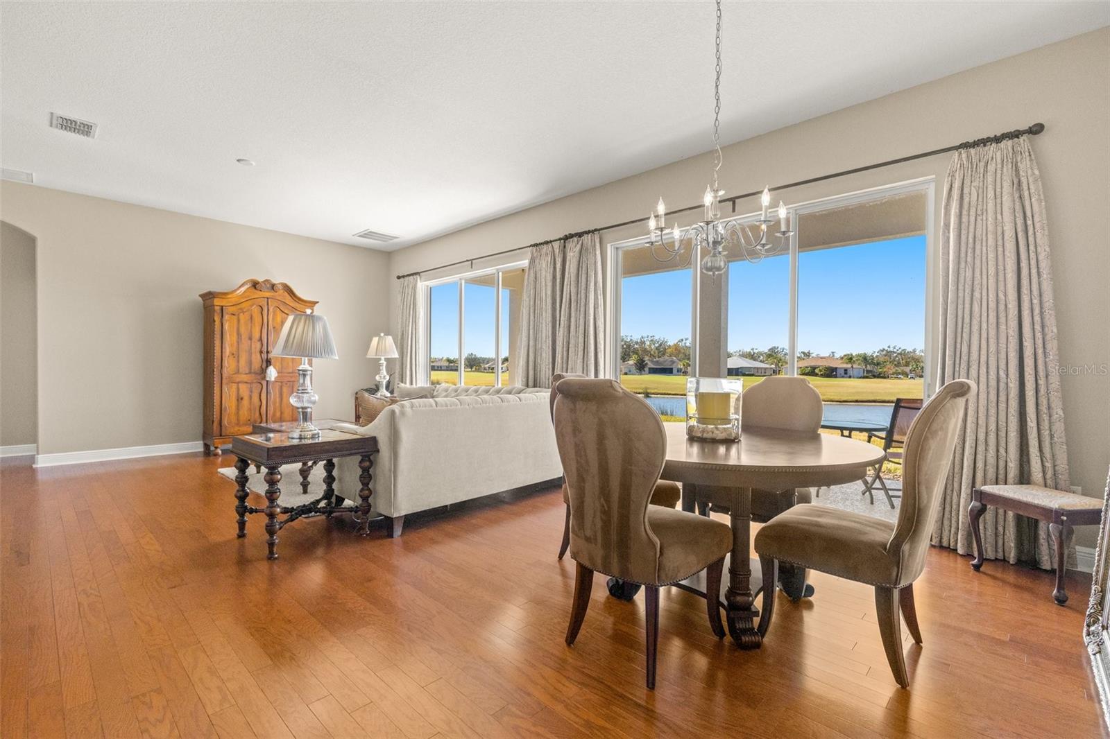 Dining area overlooks the pond.