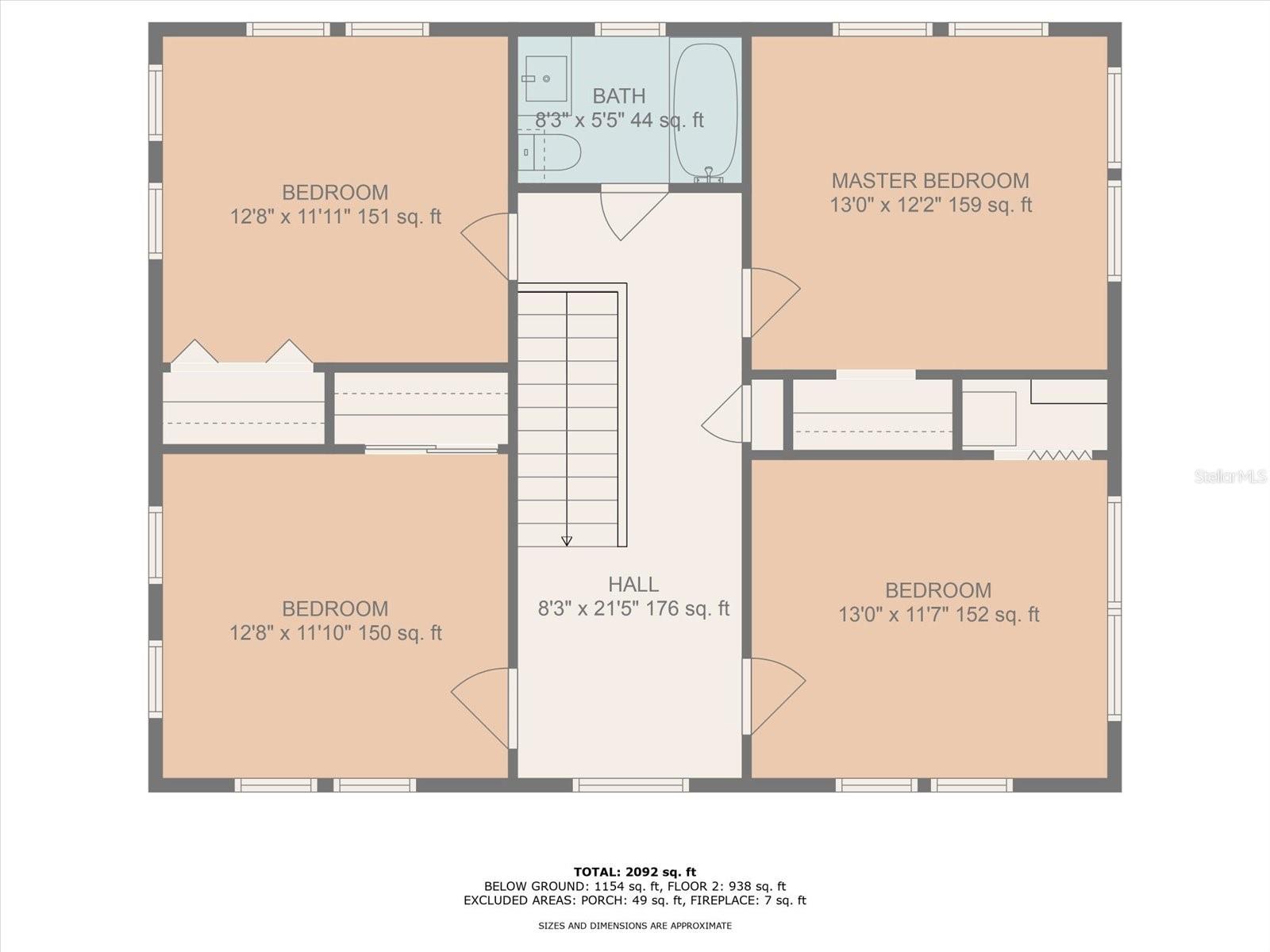 Upstairs floor plan with room dimensions