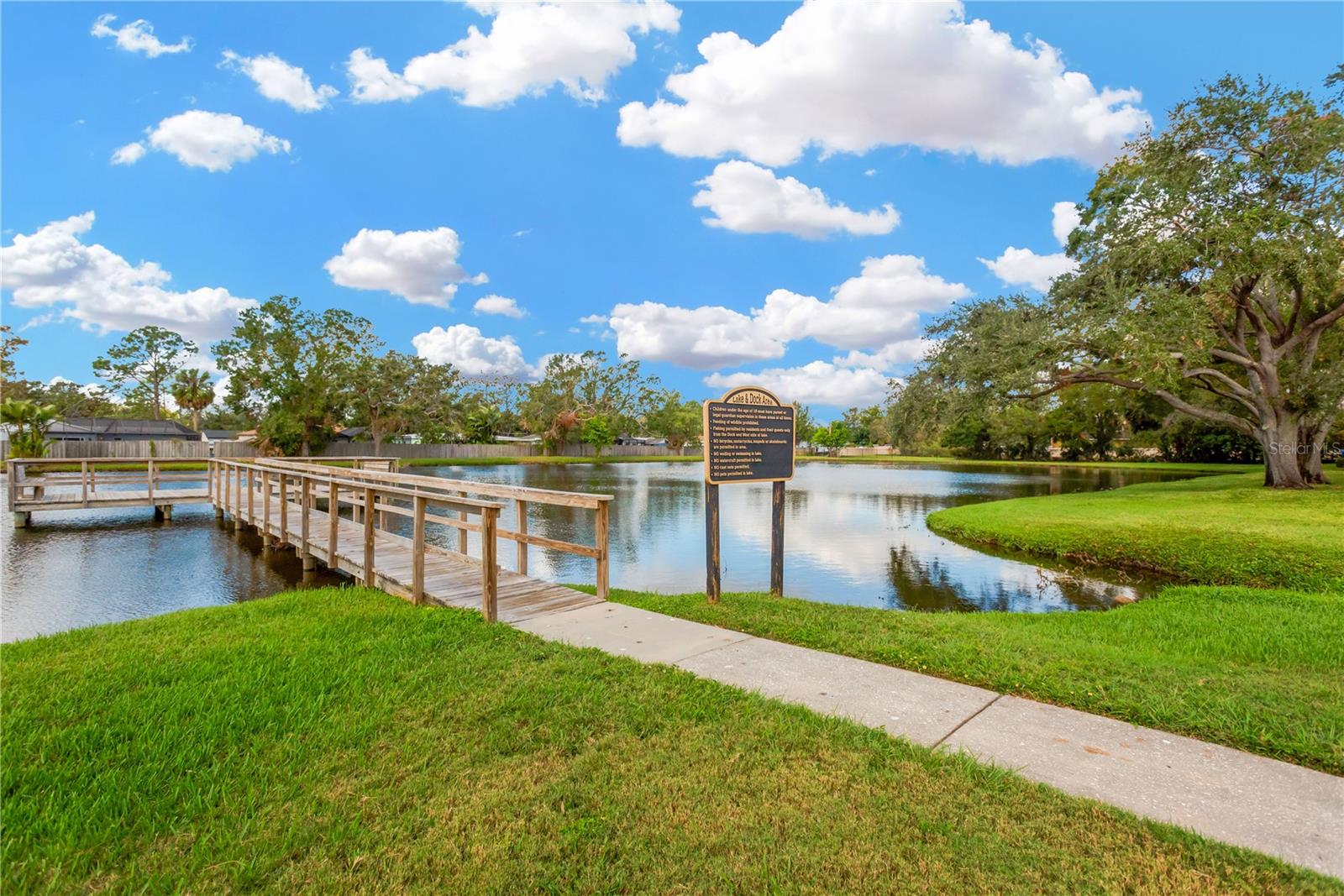 Pond with fishing dock steps away