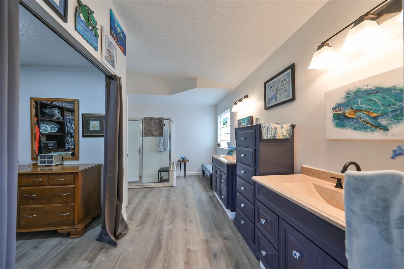 Primary Bathroom, Huge Walk in Closet, dual sinks, Quartz counters, walk in Shower, Dressing area