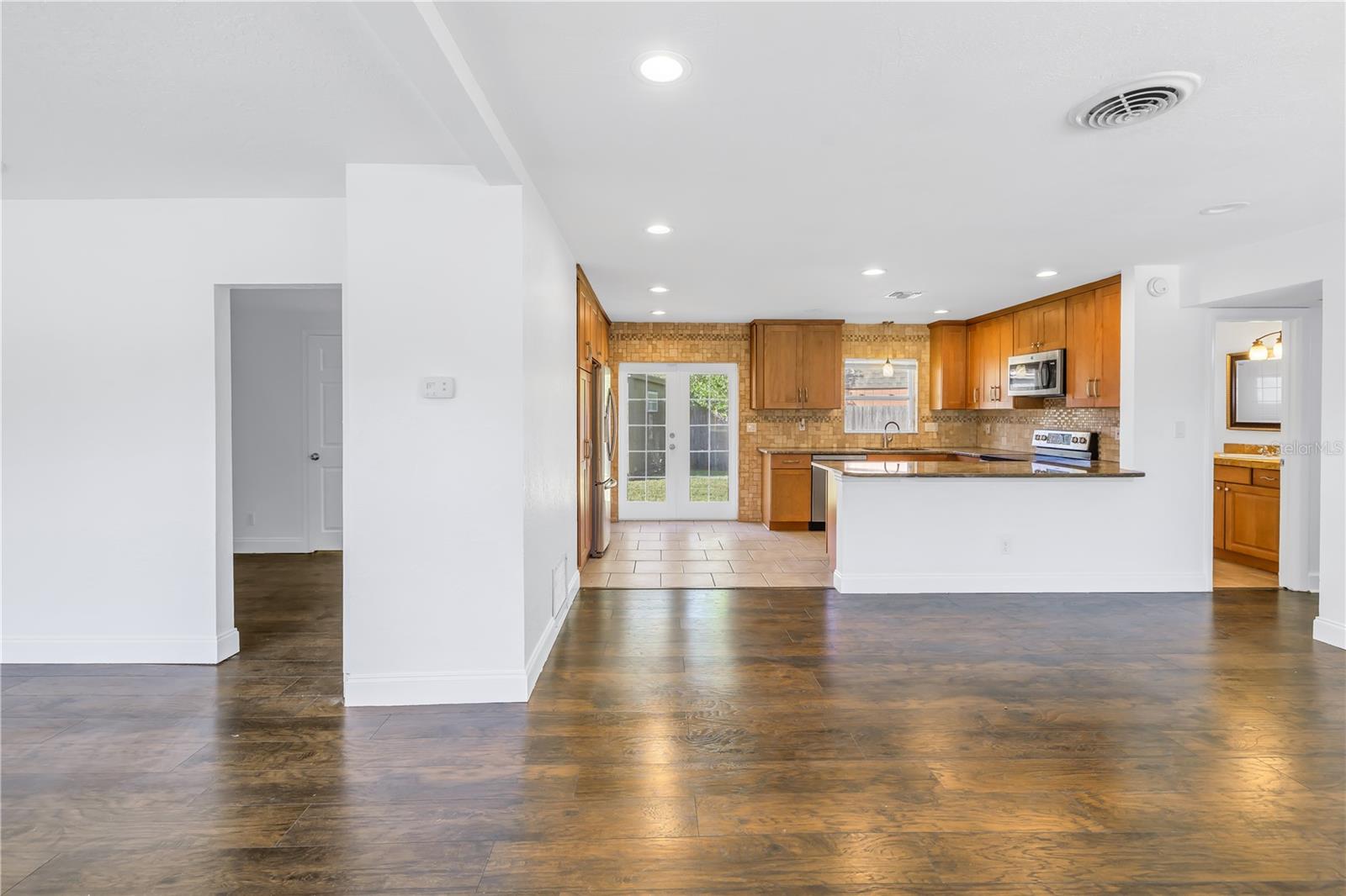 Living room and kitchen.