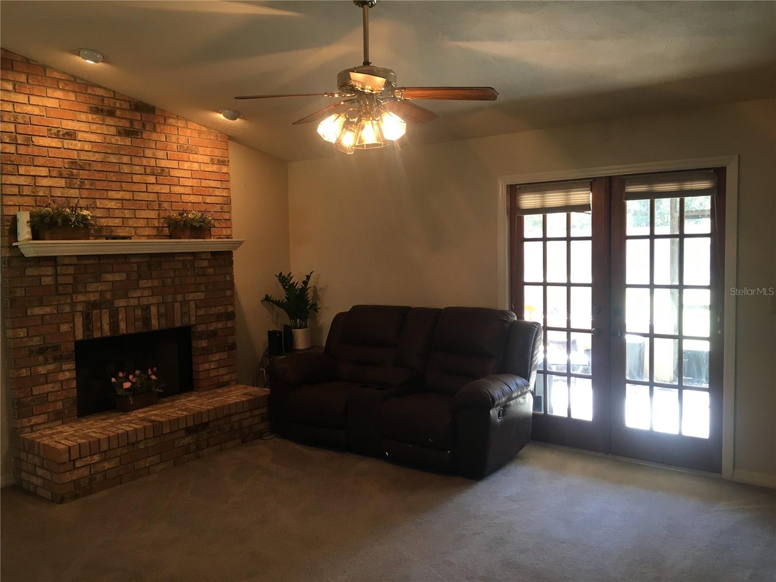 Fireplace and French Doors in Family Room