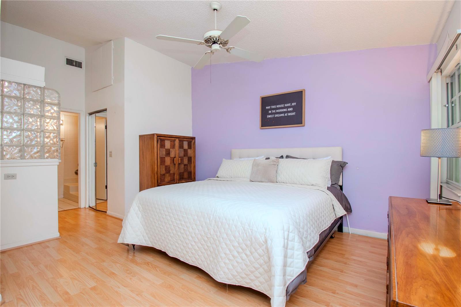 Large primary bedroom, king size bed fits perfectly in the space with plenty of room for large night stands.  Ensuite includes jetted tub/shower combo and walk in closet.