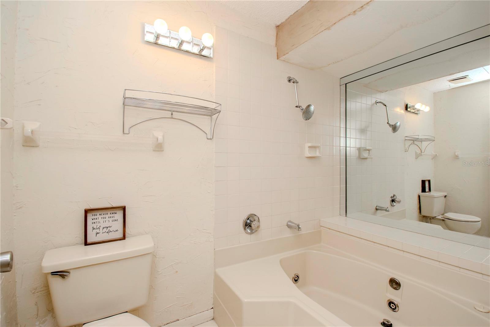 Primary bathroom with jetted tub/shower combo.